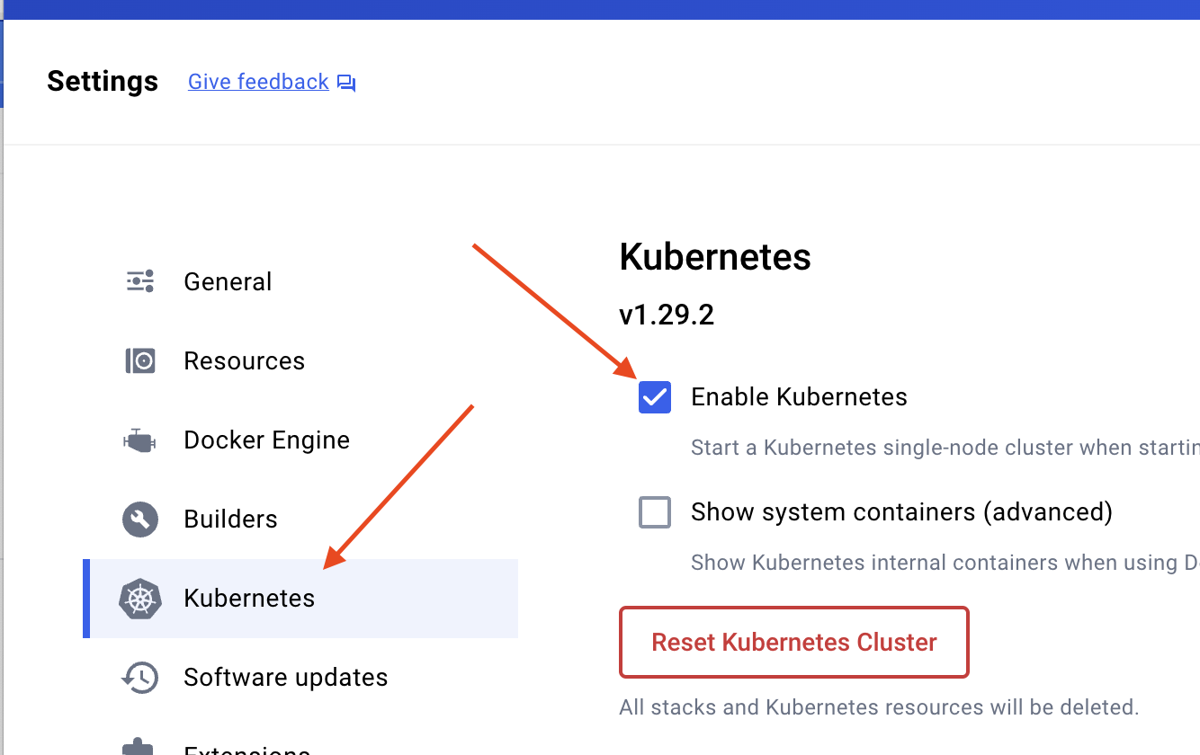 Kubernetes menu, enable Kubernetes